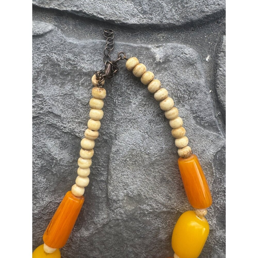 Vintage Bohemian Style Orange & Yellow Beaded Necklace With Wooden Accents - Picture 3 of 6